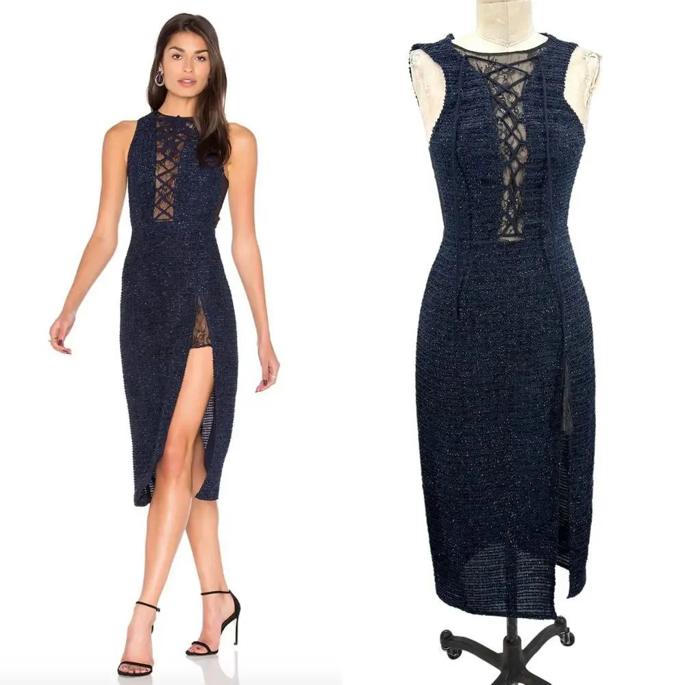 X by NBD Maggie Midi Dress Navy Blue Tweed Lace Detail Size 2